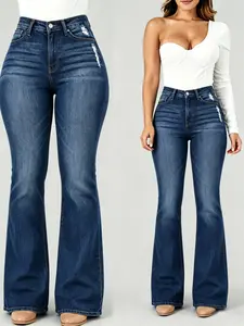 Women's Vintage-Inspired High-Stretch Skinny Bootcut Jeans - Ripped Detail,Mid-Rise, Distressed Blue Denim With Slash Pockets, Comfort Straight Leg Jeans Fit For All Seasons