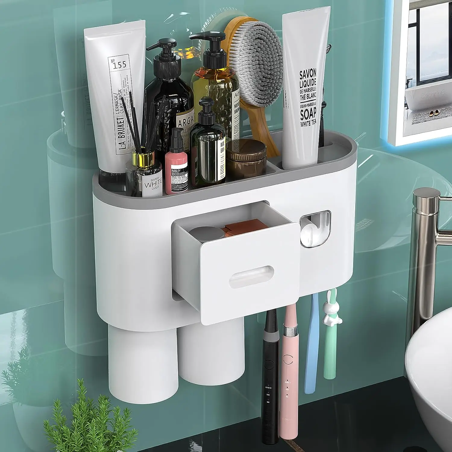 Automatic Toothpaste Dispenser & Squeezer Kit with Magnetic Toothbrush Holder - Bathroom Organiser, Non-Slip, Suction-Magnetic Wall-Mounted, Durable, Space-Saving, Adhesive Backing or Screws, Mess-Free, Clutter-Free Bathroom Solution