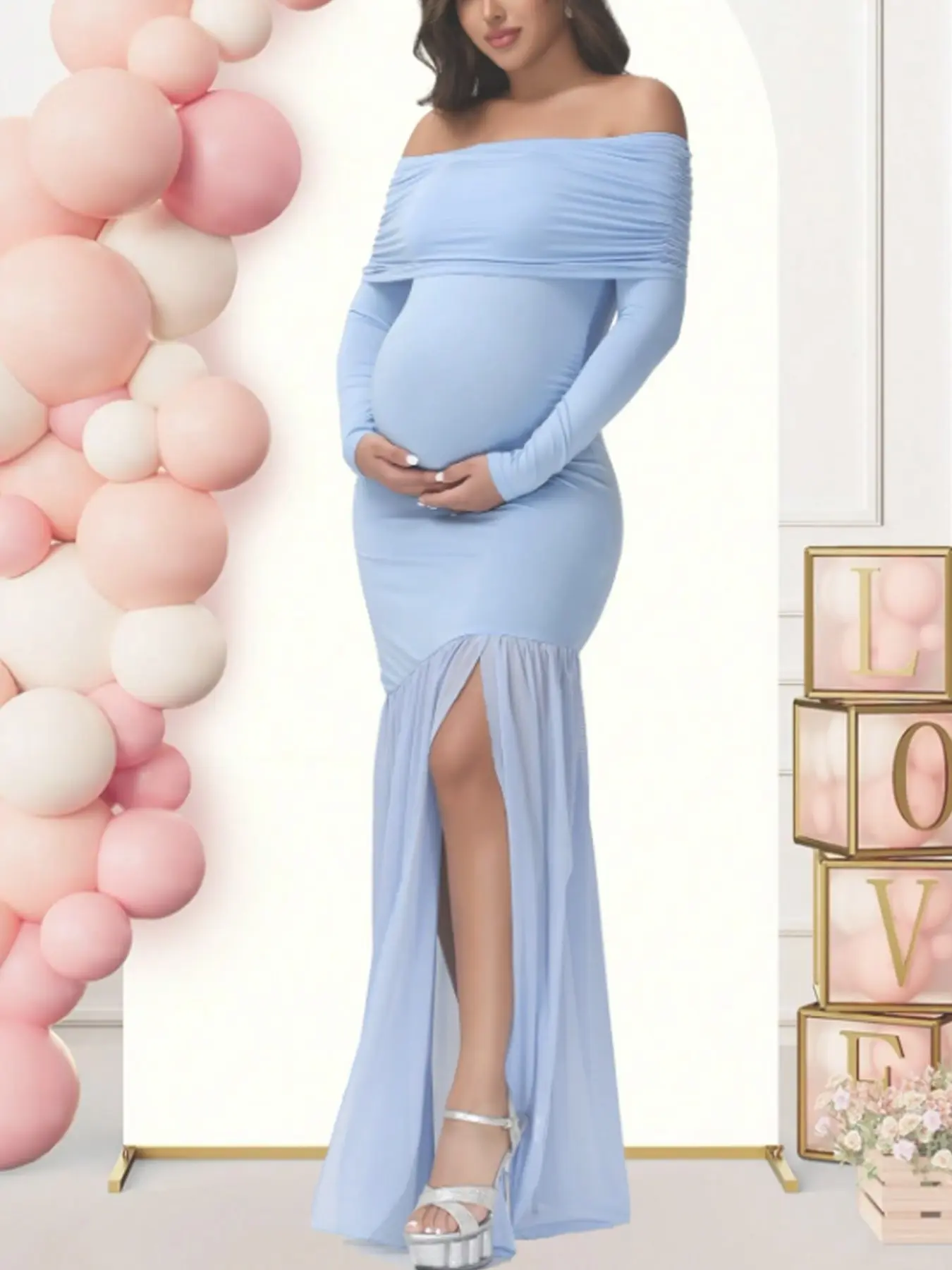 Elegant Maternity Dress, Prenatal Maternity Clothing, Maternity Apparel, Maternity Wear, High Elastic Comfortable Pregnancy Gown, Long Sleeve Off-Shoulder Mesh Patchwork Split Hem, Spring & Fall Fashion Pregnant Clothes
