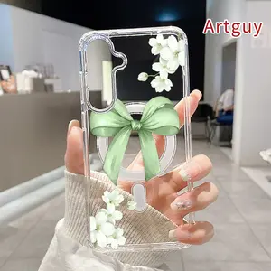 Green Bow & Blooms Pattern Magnetic Phone Case for  Samsung Galaxy S26 Edge S23 Ultra S24 Plus FE S25 S22+ Anti-Yellowing Shockproof Lightweight Transparent Acrylic Large Hole Soft Cover Supports Wireless Charging