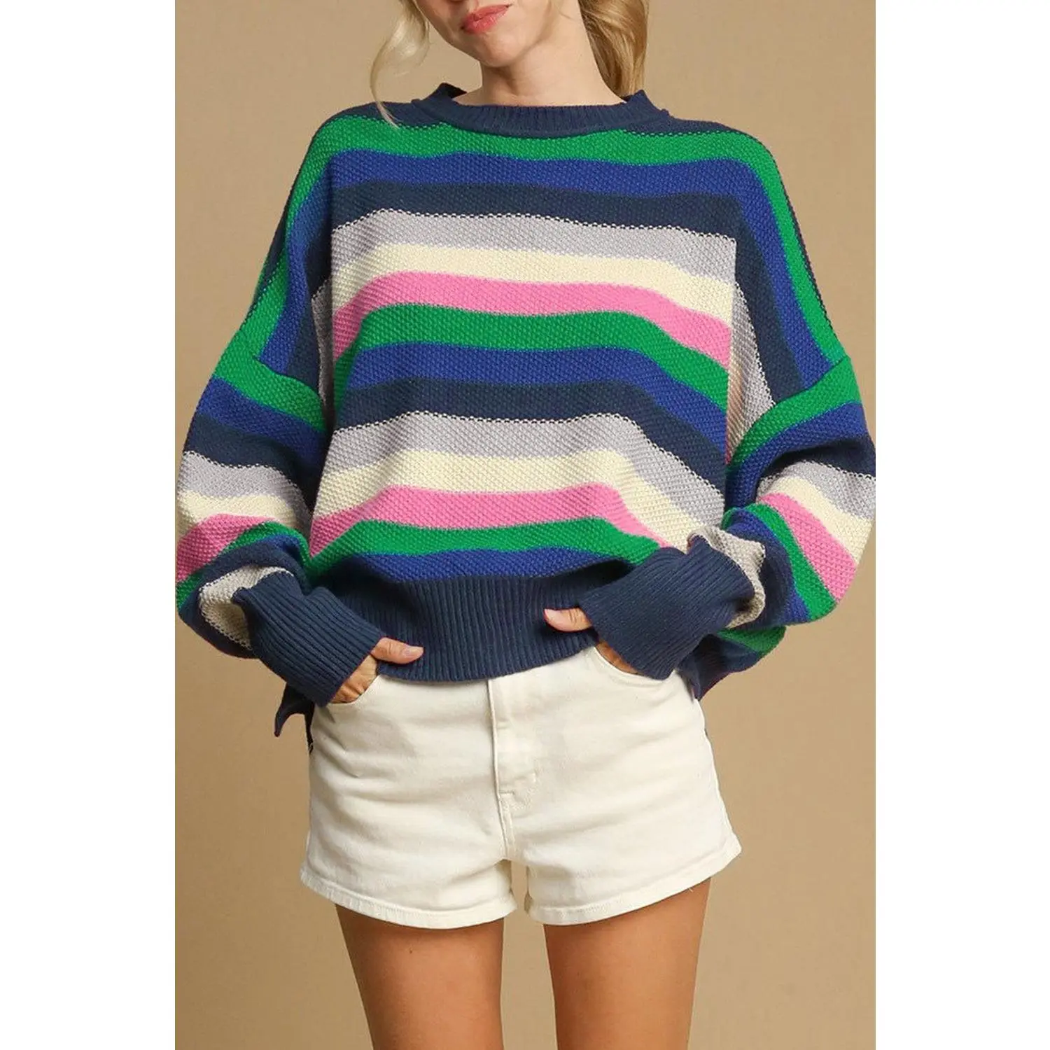 Bright Green Rainbow Striped Crew Neck Drop Shoulder Sweater