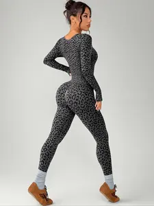 Spring Women's Sporty Jumpsuit, U Neck Leopard Knit Seamless Long Sleeve Pants, Outdoor Yoga Fitness, Workout Jumpsuit, Sportswear Jumpsuits, Casual Wear, Slim-Fitting Below Ankle, Stretchable Activewear