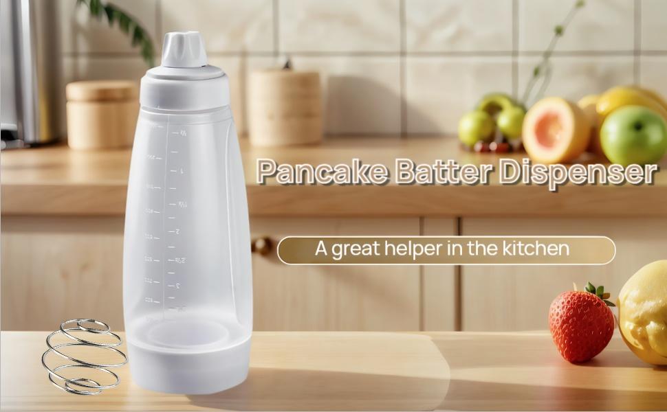 Pancake Batter Dispenser Bottle, 1 Count Pancake Mix Dispenser Bottle with Stirring Ball, Kitchen Batter Squeezer Bottle with Graduated Lines and Sturdy Base,Baking Utensils for Pancake, Cupcake, Waffle, Cake