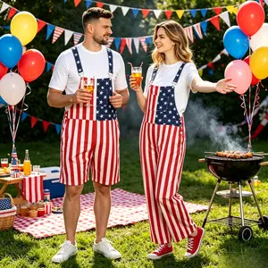 4th of July American Flag Overalls for Women Men, Patriotic Stars and Stripes Jumpsuit, Unisex Loose Summer Bib Dungarees for Independence Day Parade Short Long Romper