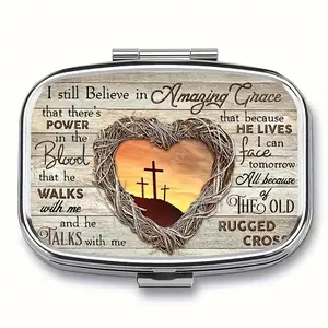 Inspirational Sunset Cross & Heart Design Metal Medicine Box, Portable 2-Grid Pill Organizer, Vitamin Organizer, Food-Safe Plastic, Compact Travel Wallet