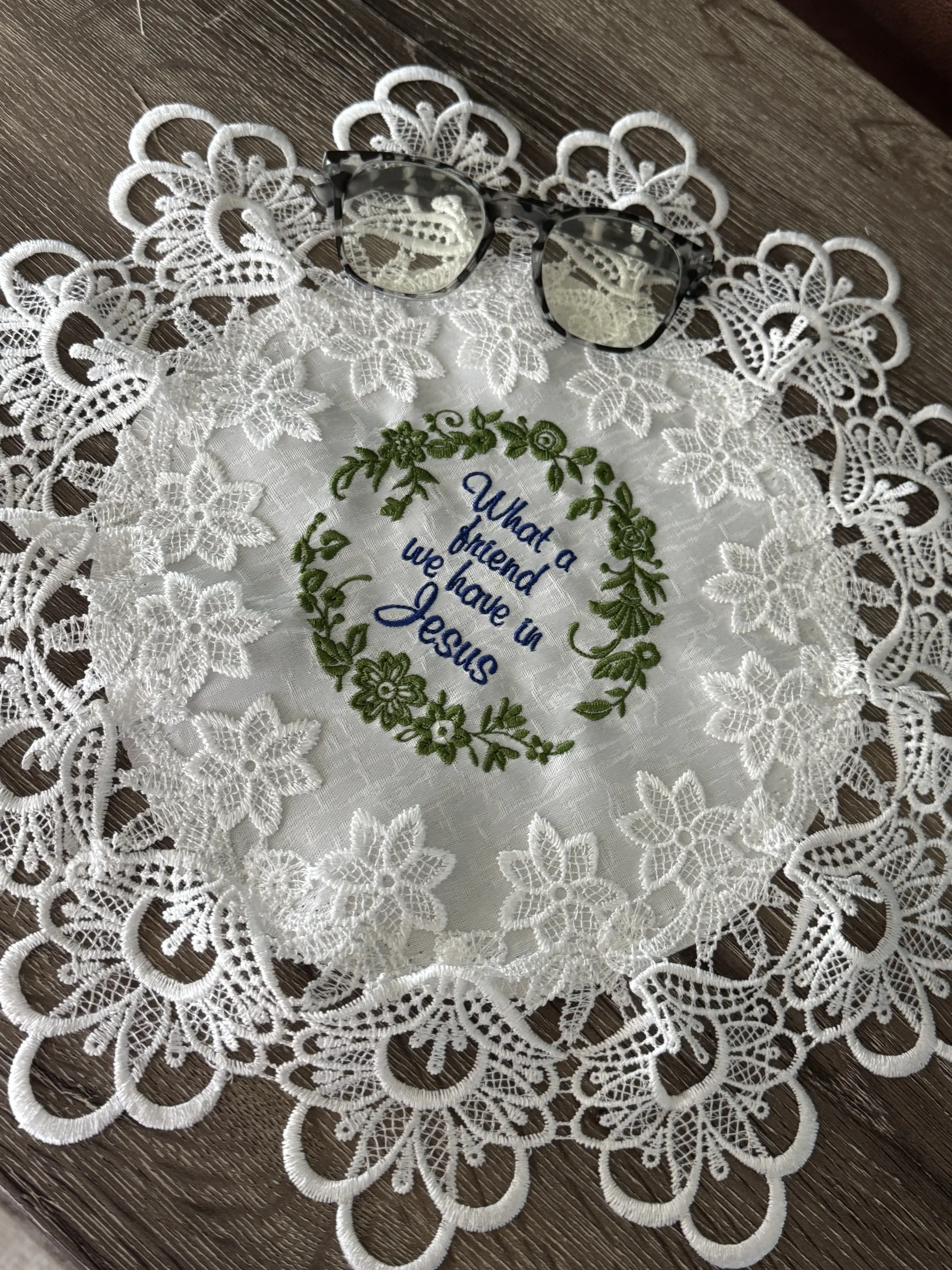Machine Embroidered Decorative Doily with "What a Friend We Have In Jesus" Design - Celebrates Faith, Encourages Warmth, Vintage Farmhouse Table Decor, Household Textiles Kitchen Linen, Faith Celebration
