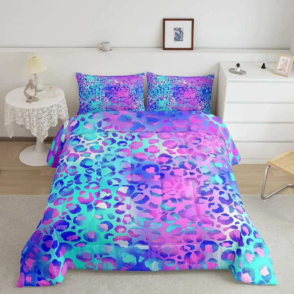 Colorful Leopard Duvet Quilt Blue Purple Pink Bedding Set Stylish Wild Animal Soft Comforter Set Women Leopard Spotted Decor Bedding