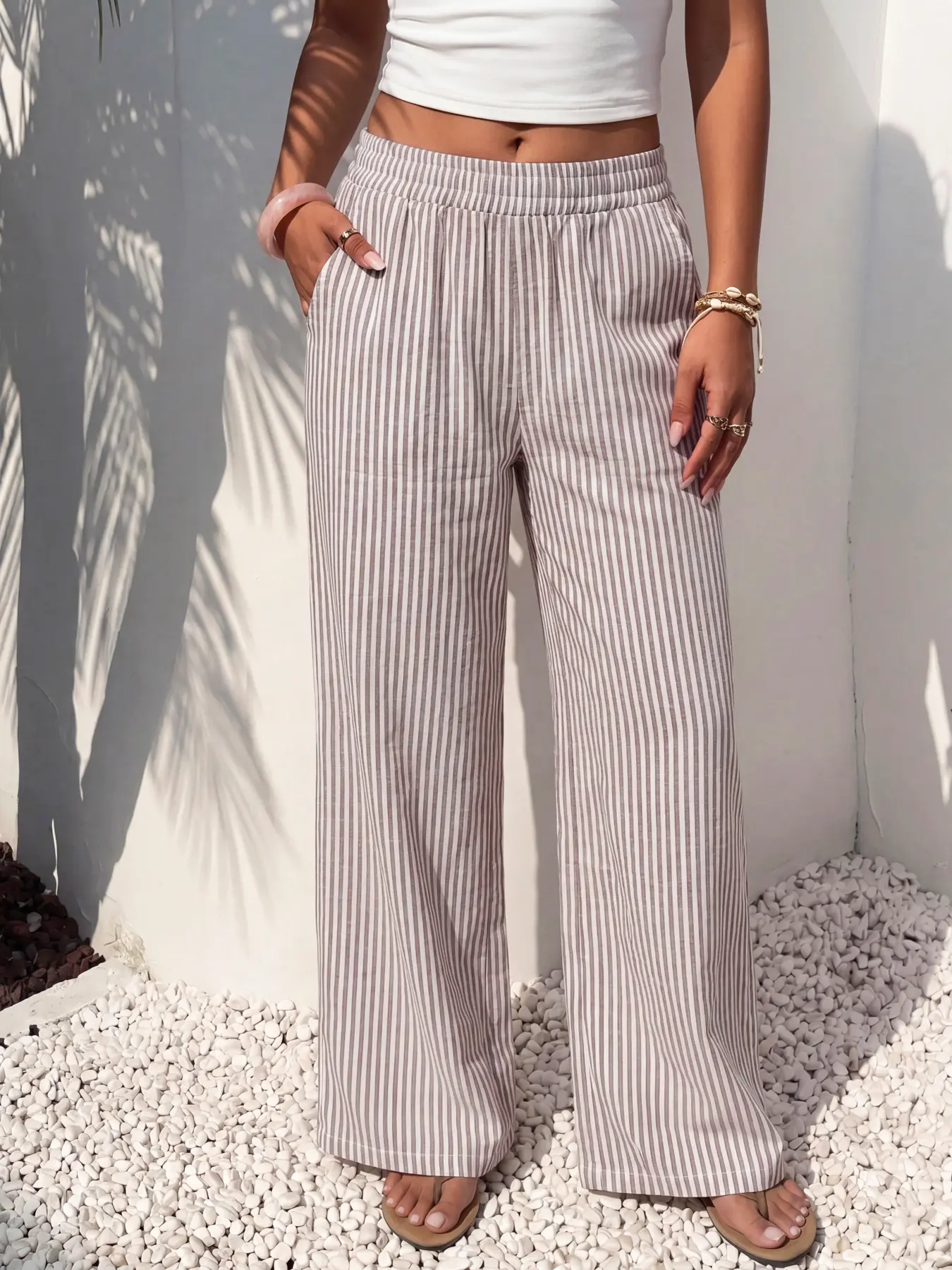 Women's Linen Vertical Striped Wide Leg Pants Casual  Trousers Elastic High Waist Loose Fit with Pockets Vacation Daily Wear