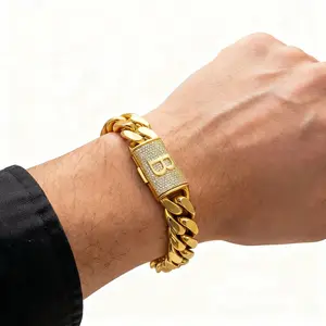 stainless steel solid bracelet Miami Cuban Link Bracelet , crafted from stainless steel with K-gold vacuum nano-plating. Chain width: 14 mm, Length: 7.5–8.5inches.Personalized Jewelry Stackable Bracelets Trendy   Gift Box Packaging Non Tarnish