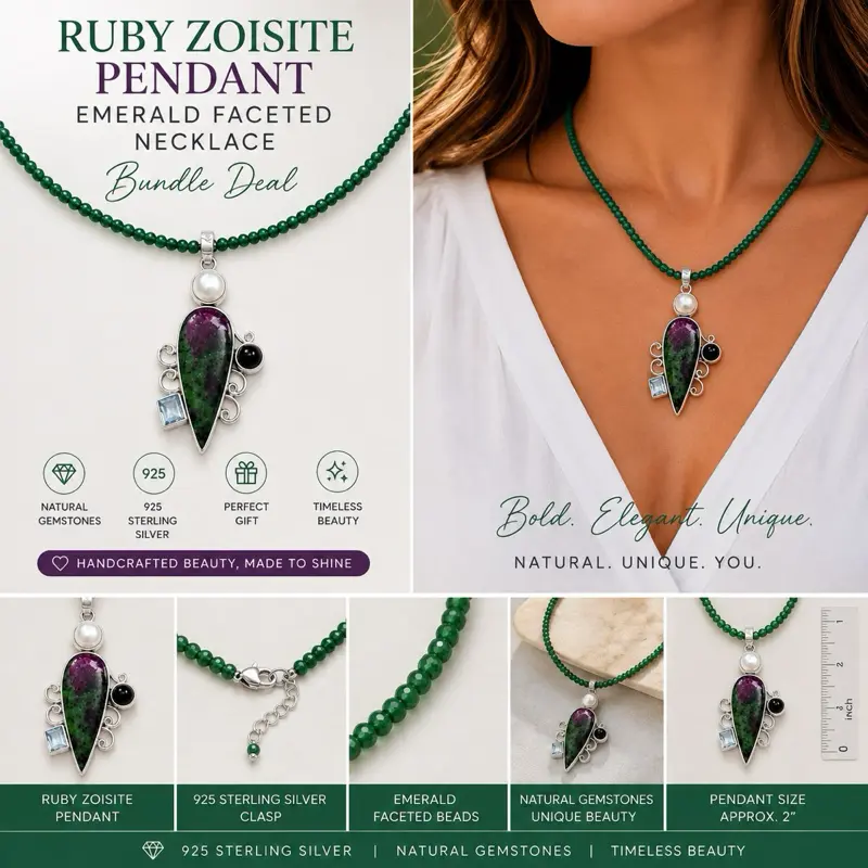 925 Sterling Silver Gemstone Set - Emerald Faceted Necklace, Ruby Zoisite Pendant Bundle