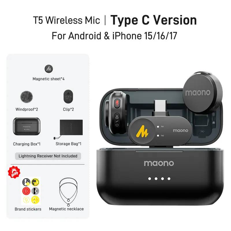 Maono T5 Adjustable Wireless Magnetic Clip-On Lapel Lavalier Microphone - Chargeable ABS Gaming Streaming Mic with Noise Reduction, Magnetic Charging, Hands-Free Recording for PC, iPhone, Type-C Android Smartphones (Includes Audios Bag)