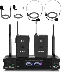 UHF Wireless Lavalier Microphone System with Headset & Lapel Mics, Dual Channel Cordless Microphone and receivers Set, 300ft Range for Singing, Church, Karaoke, Preaching, Wedding