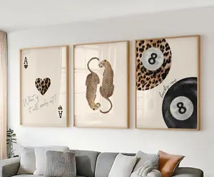 Set of 3 Vintage Neutral Leopard Cheetah Print 8 Ball Wall Art Gallery Preppy Chic Home Decor