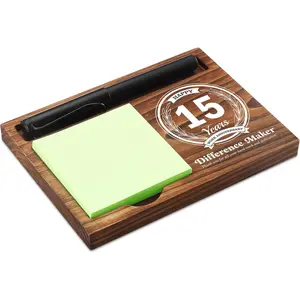 15th Work Anniversary Sticky Note Holder Wooden Notepad & Pen Holder 6.5" x 4.7" Sticky Note Pad Holder Dispenser for Desk Work Appreciation Gifts