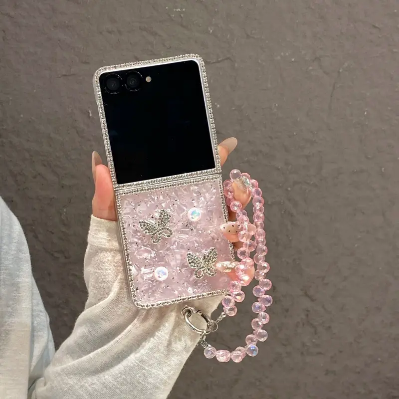 Shell pattern diamond-edged butterfly smartphone, Cellphone casing protector for Samsung, Protective, with diamond trim and 3D butterfly design, Full-wrap shockproof protection, lightweight and stylish, Compatible with Samsung Flip 3/4/5/6/7