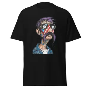 NFT Graphic Tee Menswear Streetwear Black Rebel Rockstar Punk Inspired T-Shirt with Bold Mustache and Face Paint Design Unisex