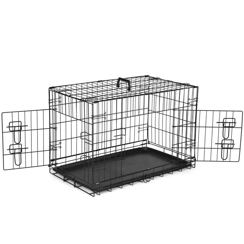 Large Dog Crate with Divider Panel, 24''/30''/36''/42''/48'' Double Door Folding Metal Wire Dog Cage with Plastic Leak-Proof Pan Tray, Pet Kennel for Indoor, Outdoor, Travel dogcrate training
