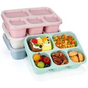 Bento Lunch Boxes -  5-Compartment  Lunchables Containers, Snack Boxes For Adults Container for School, Work, and Travel, Set of 4 (Wheat)