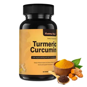 HappieVita Edible Turmeric Curcumin Dietary Supplement with Black Pepper Extract, Ginger, 1000mg Turmeric Extract (95% Curcuminoids), Extra Strength, Enhanced Absorption, Antioxidant Joint Support
