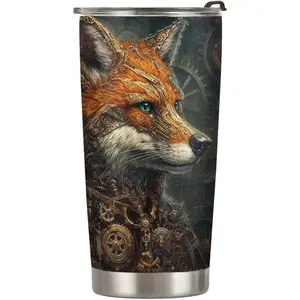 20oz Fox Gifts for Fox Lovers, Mechanical Clockwork Steampunk Fox Tumbler Cup, Stainless Steel Insulated Travel Mug with Lid, Coffee Thermos for Women - L