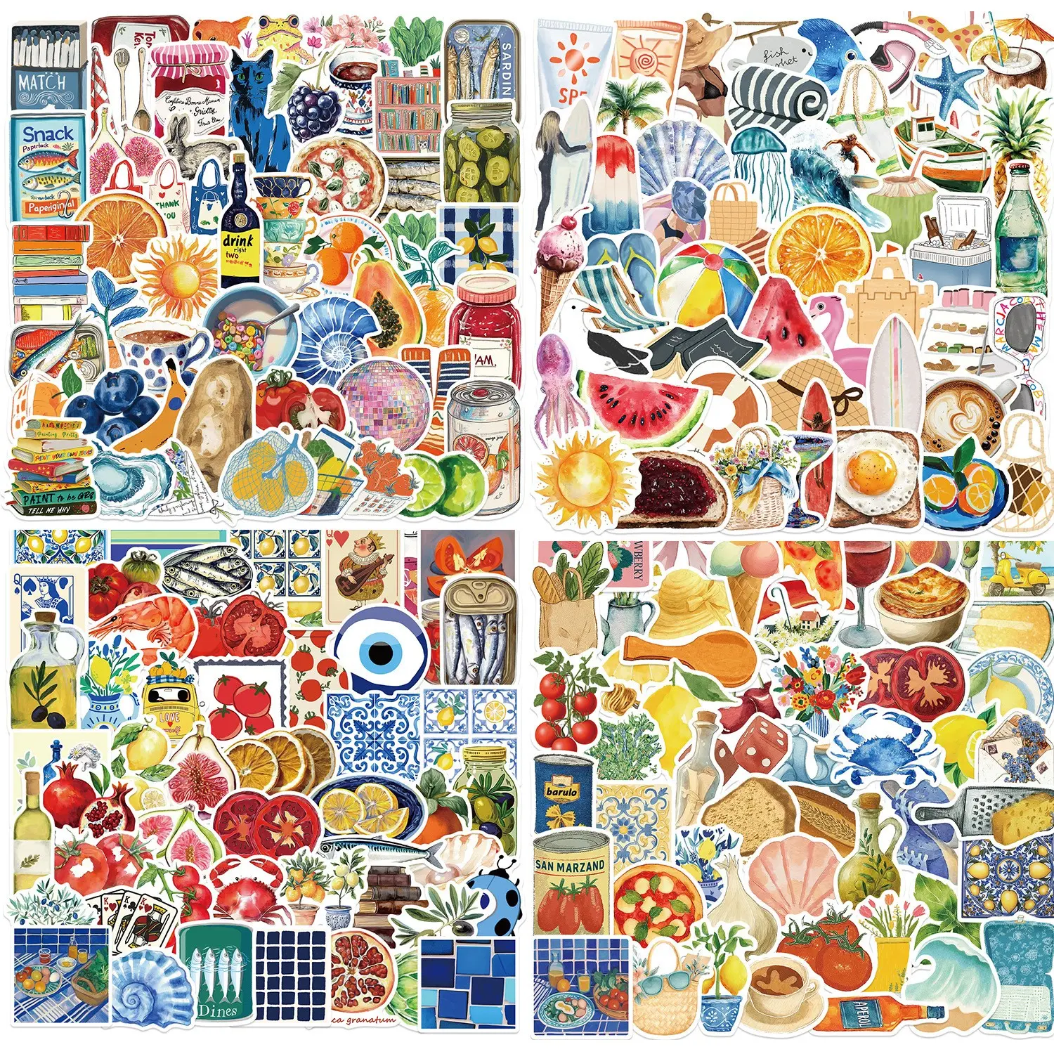 200pcs Mediterranean Food Sticker Set, Cartoon Tomato Vinyl Decals for Laptops, Aesthetic Cute Lemon Labels for Kids Teens Girls DIY Crafts Scrapbook Materials Guitar