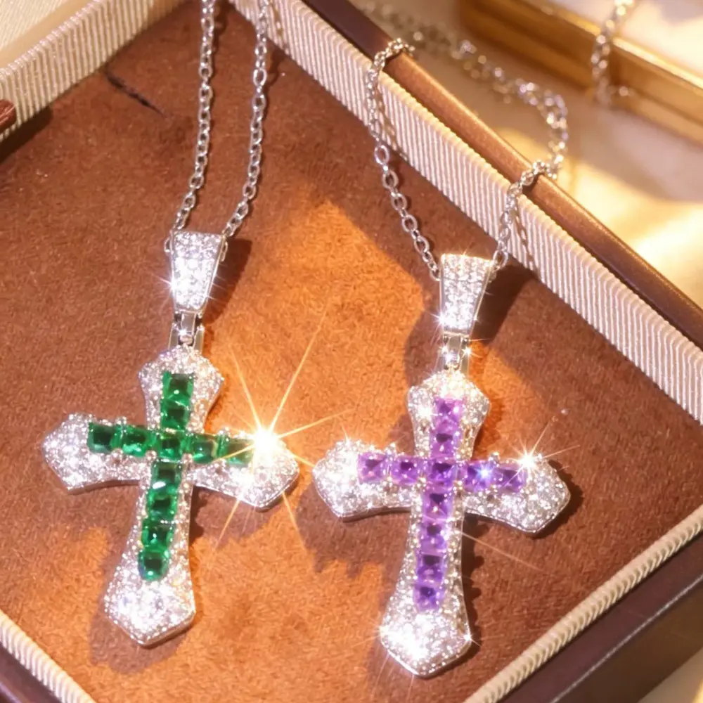 6 Colors Available! Shiny Colorful Cross Statement Necklace Hip Hop Style Cross Pendant Necklace Ideal Valentine's Day Birthday Christmas Gift for Him and HerJewelry Gift