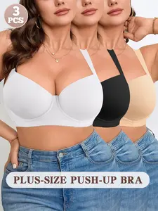 3PCS Women's Plus Size Seamless Smooth Elegant Minimizer Bra, Full Coverage Underwire Medium Support Push-Up T-shirt Bra, Adjustable Wide Straps , Soft Comfortable Fit Everyday wear