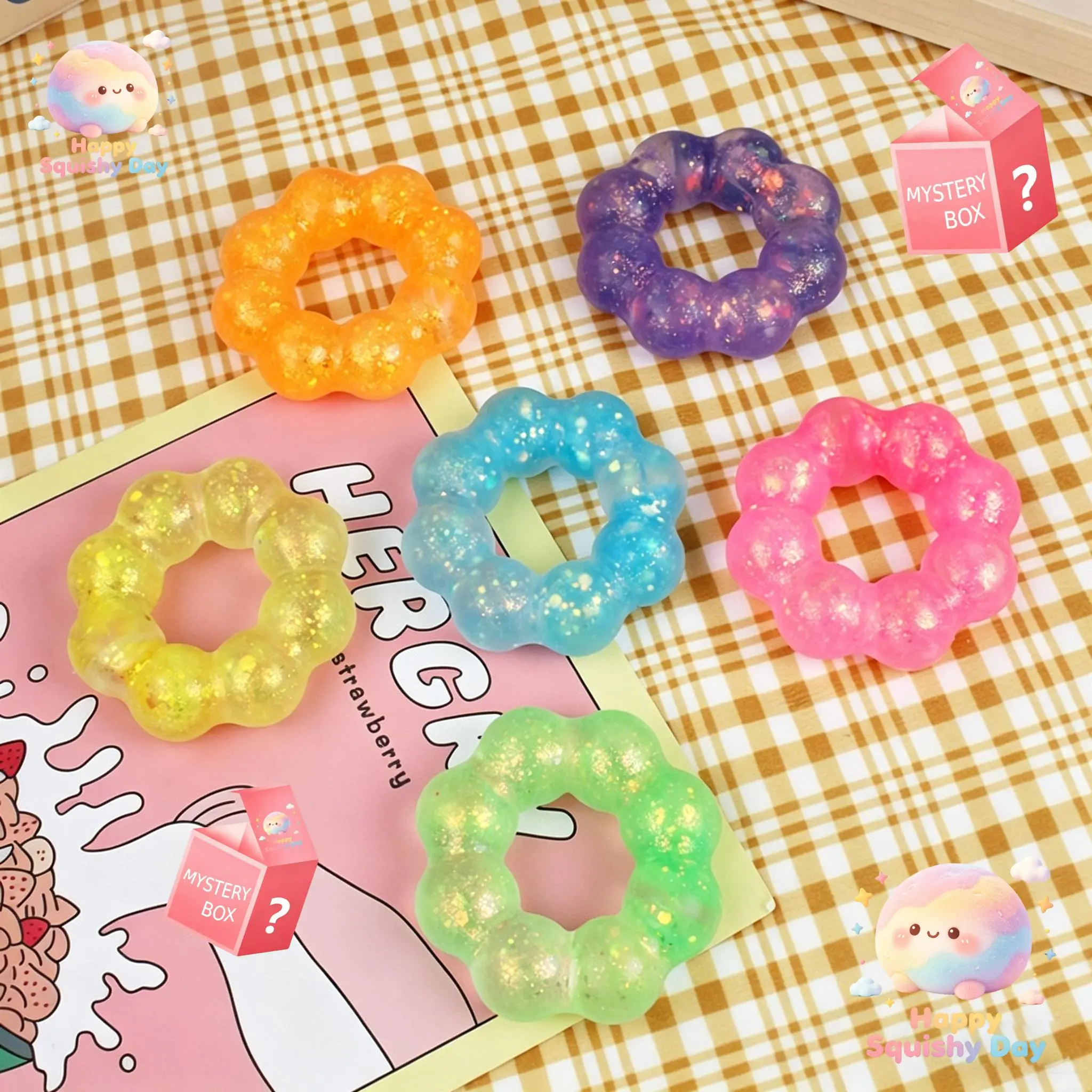 【Glitter Squishy Donut Squeeze Toy】Unisex Slow-Rising Stretch Stress Relief Desk Toy, Random Color Kawaii Duck Sugar Wristband, Party Favors & Cute Gift Ideas for Birthday Parties