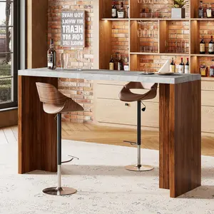 Gray & Walnut Bar Table for 4-6 People - 55” Long Counter Height Pub with Extra Thickened Tabletop, Modern Rectangular Home Bar Coffee Unit for Kitchen, Dining Room, Balcony, Living Room, Basement