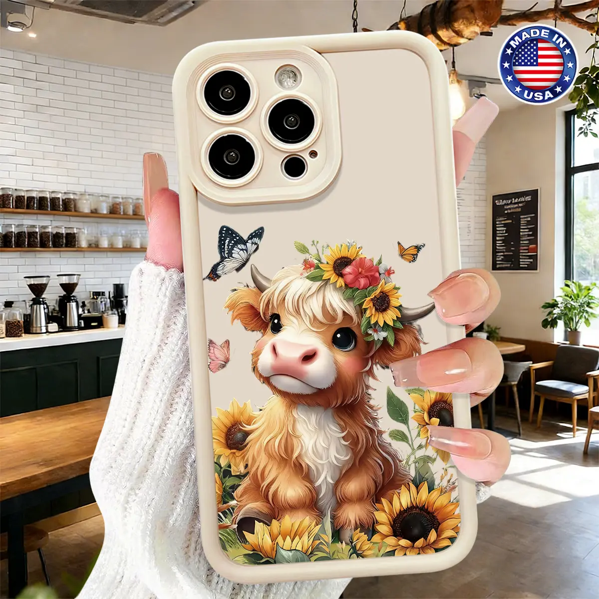 Cute Cartoon Cow, Sunflower Floral Aesthetic Cellphone Casing for iPhone 17,16,15,14 Pro Max,13,12,11,XR,XS Plus - Slim, Shockproof, Anti-Drop, Lightweight TPU Cover with Butterflies, Mobile Device Accessories