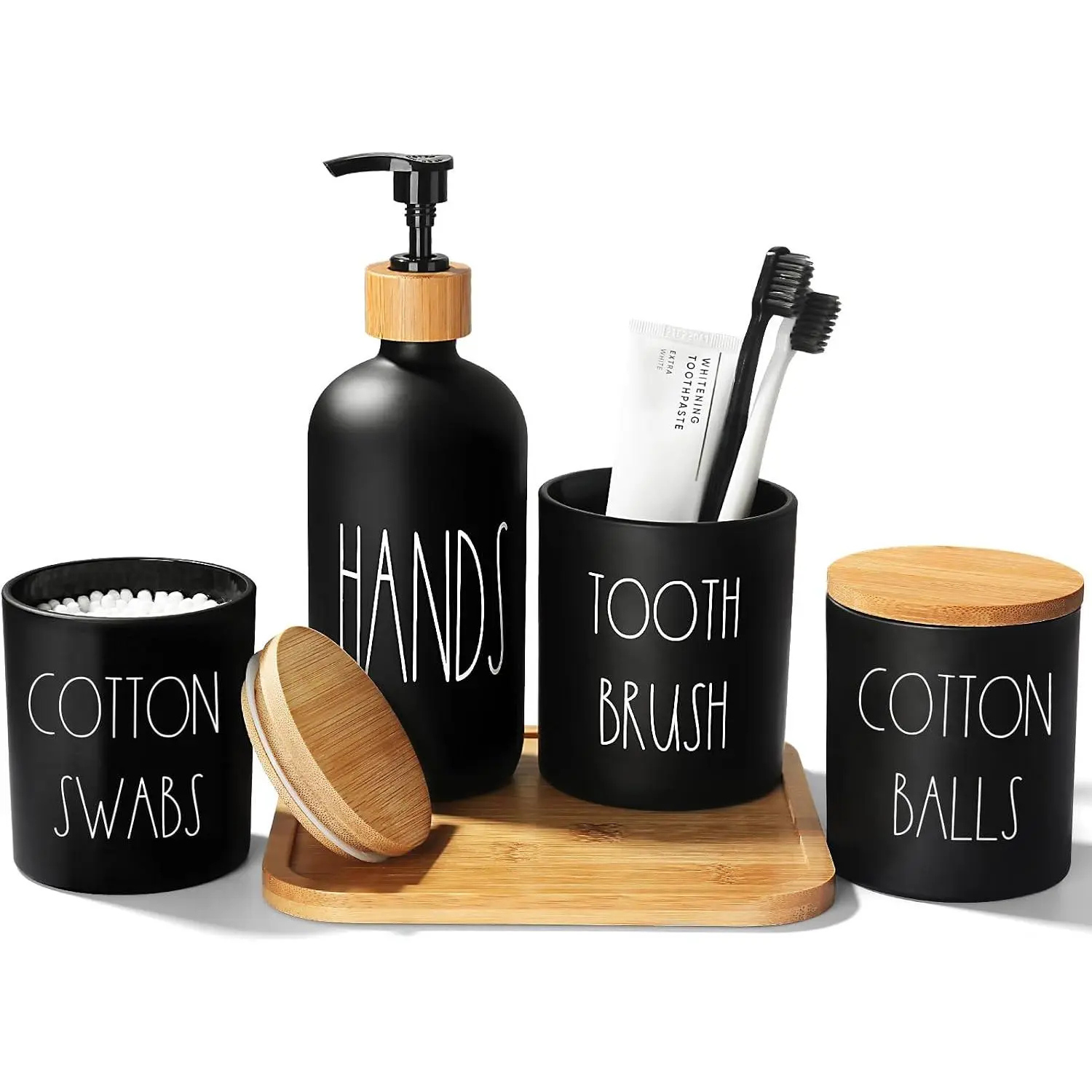 Bathroom Organization Set with Cotton Swabs, Tooth Brush, and Cotton Balls in Black Containers with Bamboo Lid