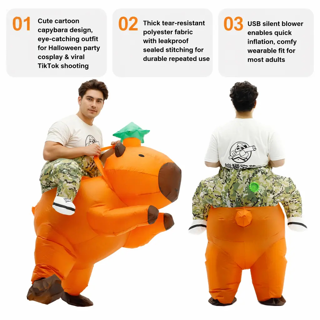 Ride-On Capybara Inflatable Costume for Women, Funny Orange Polyester Cosplay Suit with Camouflage Legs for All-Season Halloween Parties, Accessories, Women's Clothes, Clothing Merch, White Shoes, Holiday