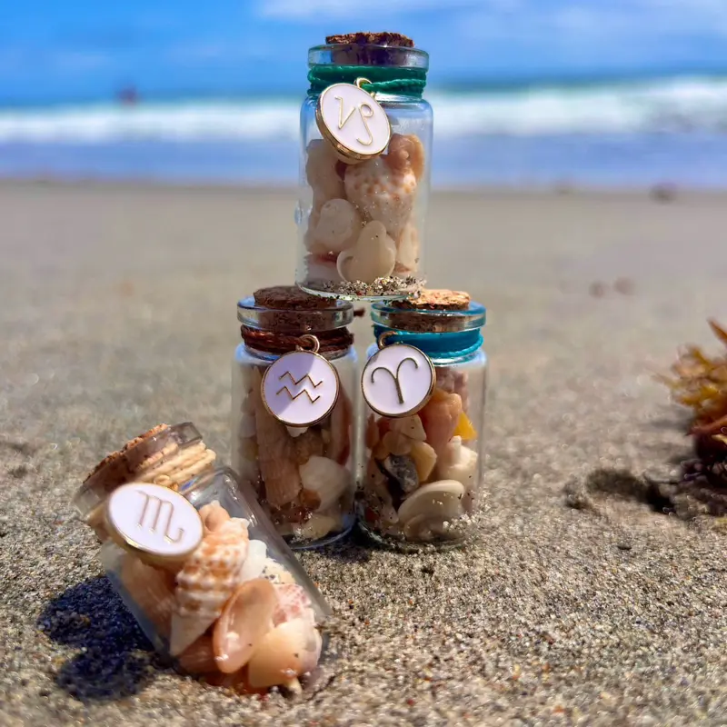 Handmade Mermaid Hand-Collected Seashell Trinket Bottle with Zodiac Sign Charm (Taurus, Gemini, Virgo) - Coastal Magic Bottled Whispers, Astrology Lovers Gift, Mother-Daughter Craft Decor