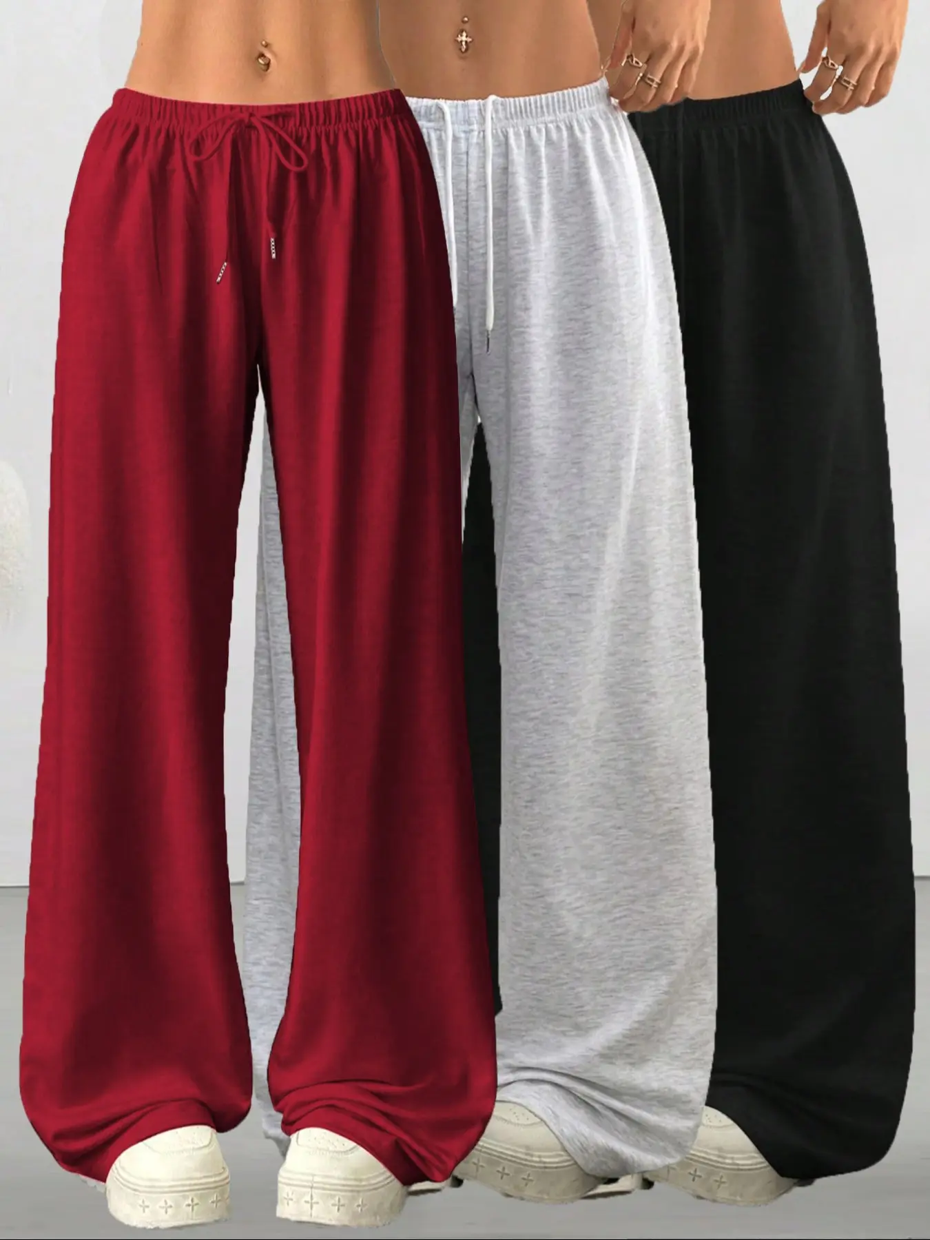Women's Casual Loose-Fit Drawstring Pants Bottoms, 3-Pack Solid Plain Long Trousers, Comfortable Fabric Wide Leg Home Wear, Womenswear, Suitable for Spring Summer Fall Outdoor