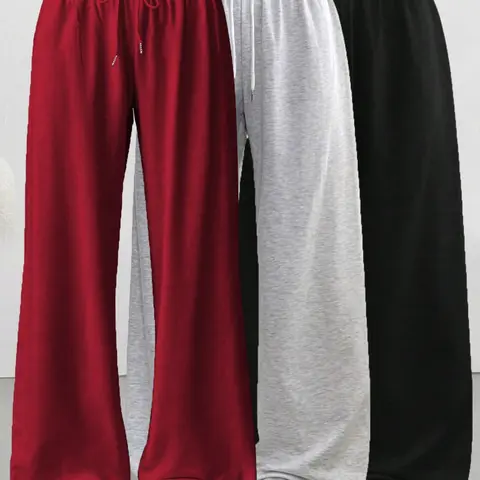 【Black Friday】Women's Casual Loose-Fit Drawstring Waist Pants, 3-Pack Solid Color Long Trousers, Comfortable Fabric, Wide-Leg Bottoms, Homewear, Womenswear, Knit Trousers for Indoor and Outdoor Wear