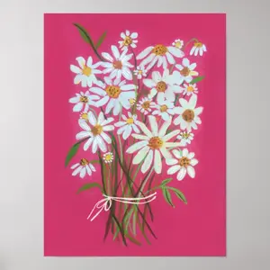 [UNFRAMED POSTER] White Daisy Bouquet on Pink Gouache Painting Art Poster