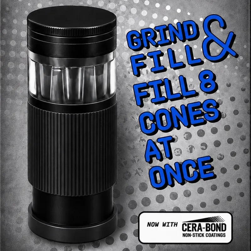 8 Shooter Precision Cone Filling Tool, 8 Paper Cones Filler, 8 Slot Fill System, Non-Stick Cera Bond Coat, CNC Machined Anodized Aluminum, Precision Diamond Teeth Mill, Heavy-Duty Construction, Consistent Fill Performance - Black