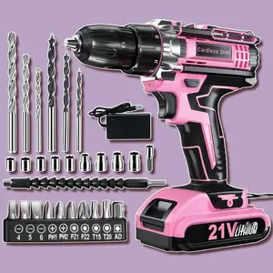 Pink Cordless Drill Set, 21V Electric Power Drill for Women, Lightweight Electric Screwdriver Driver with Power Pack & Charger, 2 Speed, 3/8" Keyless Chuck, 27 Pcs Womens Tool Kit for Home DIY & HouseQuesear