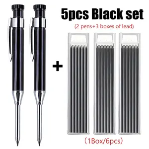 Aluminum 2.8mm Woodworking Pencil Set, 2 Pens + 3 Lead Boxes, Smooth Writing, Break-Resistant, Durable,  for Deep Hole Marking/Office Stationery/Engineering Drawings, Ideal for Architects/Hole Drilling Tool Pen Users/Carpenters