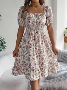 Women's Ditsy Floral Print A Line Dress, Boho Bohemian Fashion Casual Short Sleeve Womenswear Dress for Daily Holiday Vacation Wear, Ladies Dress for Summer