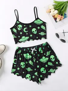 Halloween Theme Alien Pattern Home Casual Set, Holiday Sleeveless Pajamas for Women, Comfortable Halloween Celebration Sleepwear