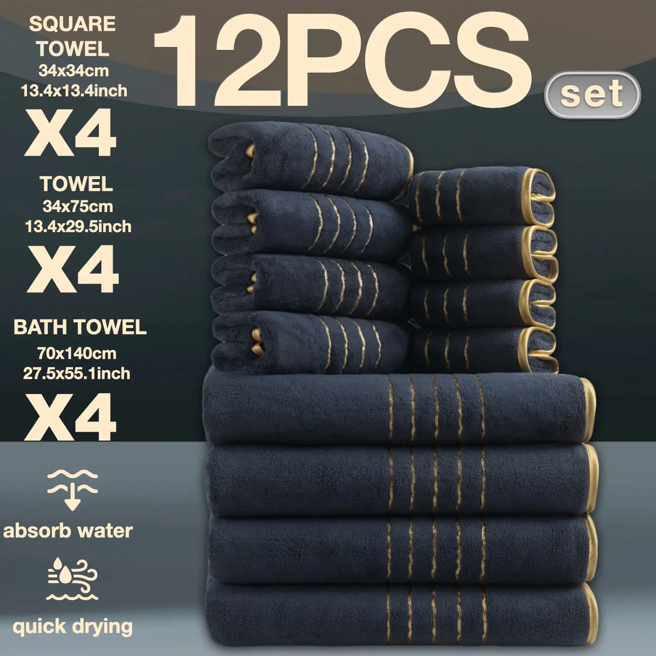 12-Piece Luxury Gold-Trimmed Bath Towel Set, Quick-Dry Superfine-Fiber Towels, Modern Spa Bathroom Towel Set Reusable for Home, Camping, Hotel and School Use, Absorbent Towel Set