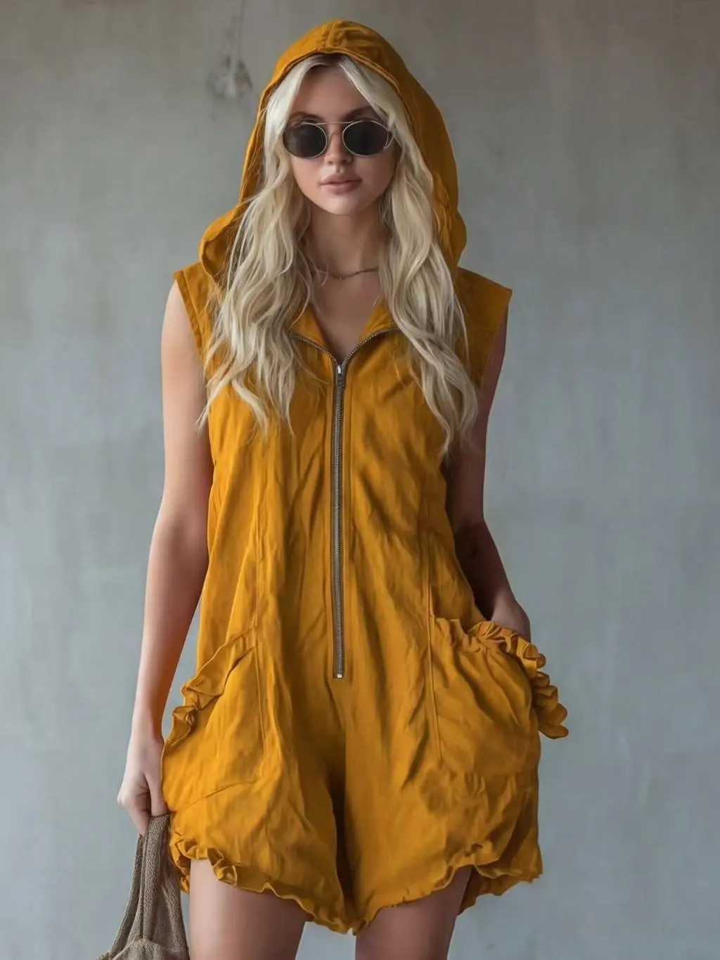 Red Hooded Sleeveless Zipper Front Romper with Ruffled Pockets for Women