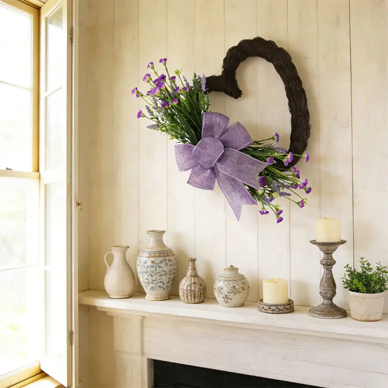 Spring Heart-shaped Flower Ring - Elegant farmhouse-style door hanging decoration, with green plants, Garland Ribbon and shiny bows - suitable for Valentine's Day, Mother's Day, weddings, Christmas, Easter, Thanksgiving, and all seasons of decoration