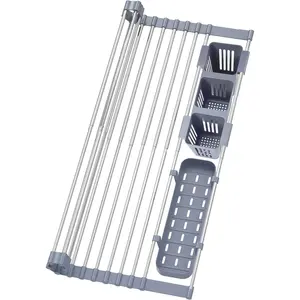 Expandable Roll Up Over The Sink Foldable Kitchen Dish Drying Rack with 2 Storage Baskets, Up to 22.8'' Expandable Width for Kitchen Dishes