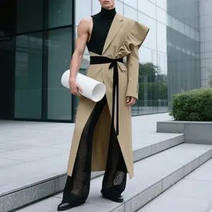 INCERUN Men's Long-Sleeve Asymmetric Single-Shoulder Ruffle Streetwear Jacket - Menswear Avant-Garde Statement Suit, Deconstructed Waist-Tie Halter-Inspired Trench for Fashion Week, Art Exhibit