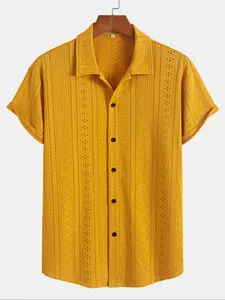 Men's Plain Hollow Out Short Sleeve Button Down Shirt, Regular Fit Casual Solid Shirt Collared Top for Summer, Fashion Men's Clothes for Daily Wear, Menswear, Casual Everyday Wear, Casual Trendy Shirt