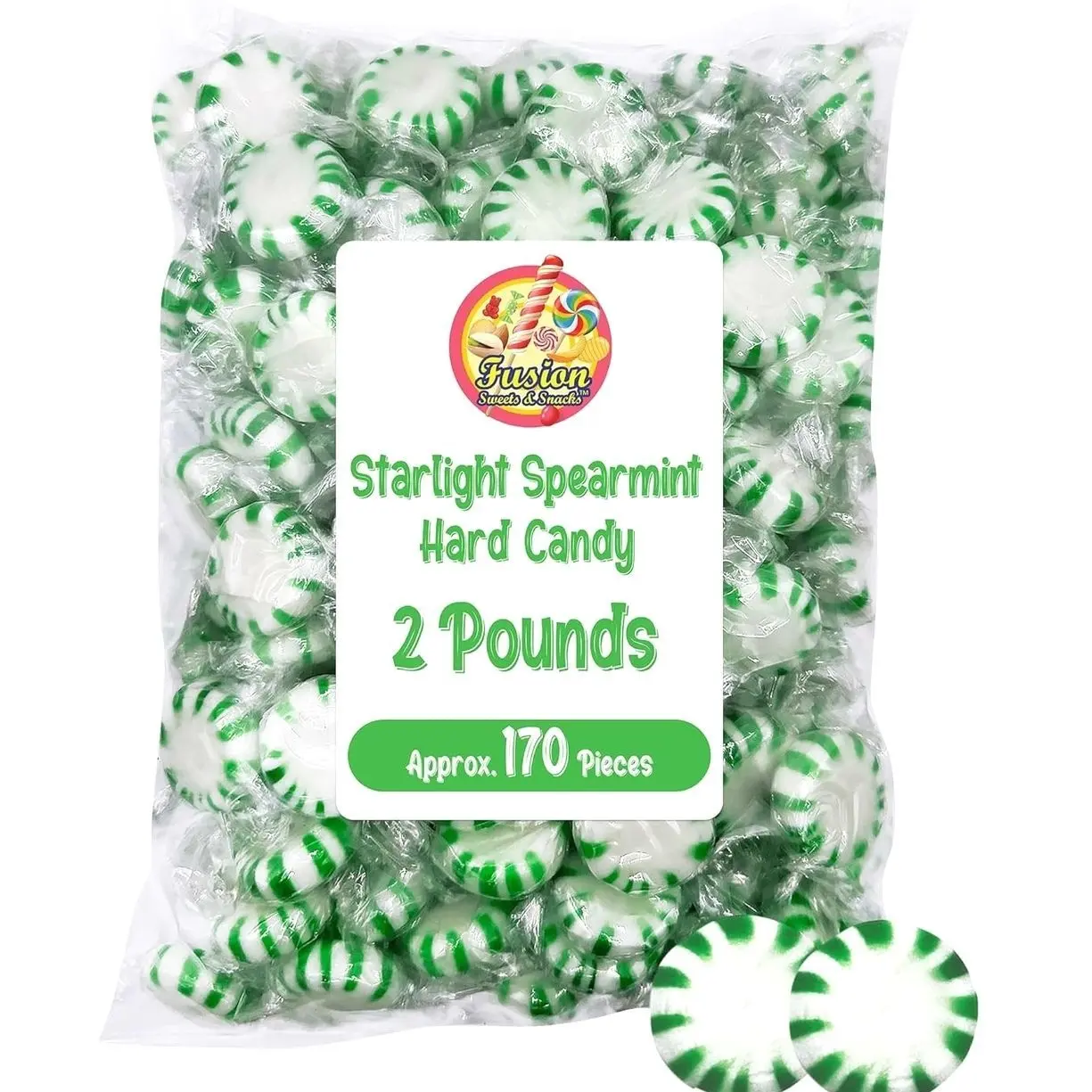 Starlight Spearmint Candy - 2 Pound Bulk (Approx 170 Pieces) Individually Wrapped Mints - Refreshing Green & White Spearmint Hard Candy Discs