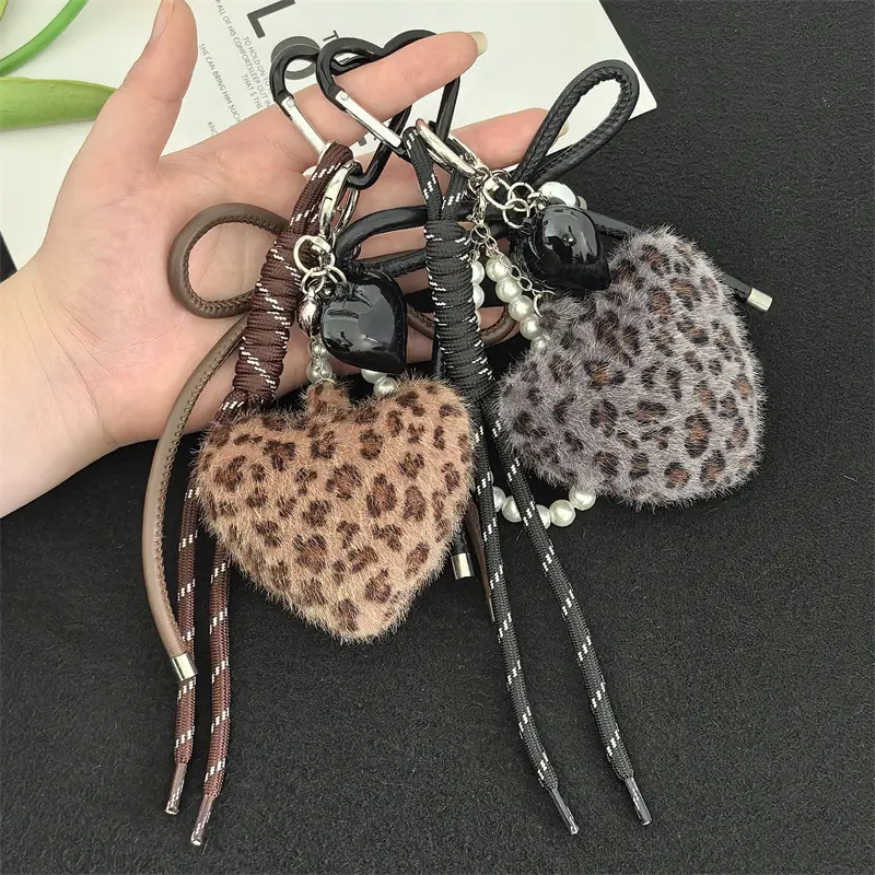 Women's Leopard Print Keychain, Cute Plush Fur Ball Purse & Bag Charm with Woven Rope and Mini Polyresin Animal Figure, Kawaii Accessories, Animal Motif, Fur Ball Resin, Woven Rope Key
