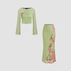 Cider Mesh Floral Lettuce Trim Crop Top & Mid Rise Ruffle Maxi Skirt Set SwimWeek
